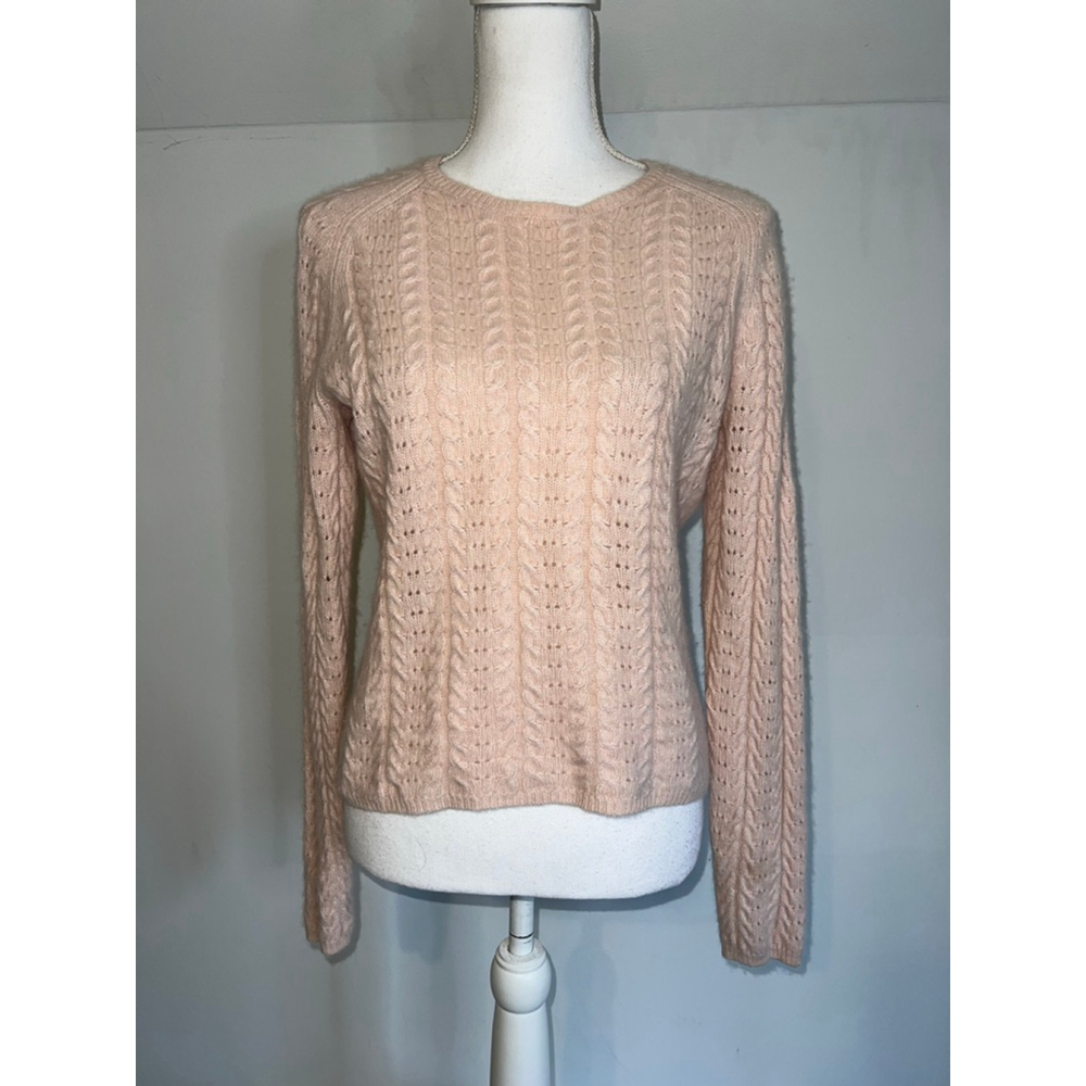 Women's Belford Pink Cashmere Cable Knit Crew Neck Sweater L